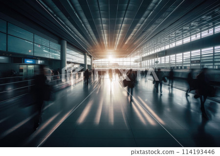 Bustling airport or train terminal illuminated by sunrise 114193446