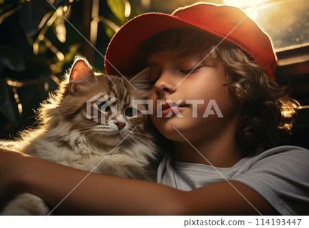Child in white shirt holds cat in peaceful garden 114193447