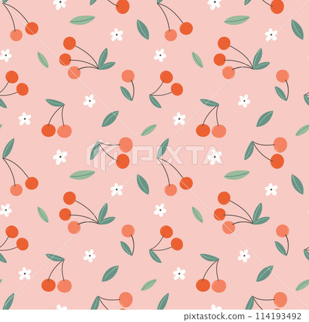cute summer pattern with cherry flowers on a pink background. 114193492