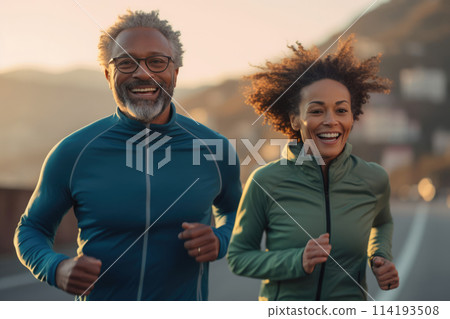Handsome middle age POC mixed race couple jogging 114193508