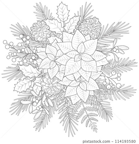 Christmas bouquet of fir branches, poinsettia, pine cones, berries and bright leaves. 114193580