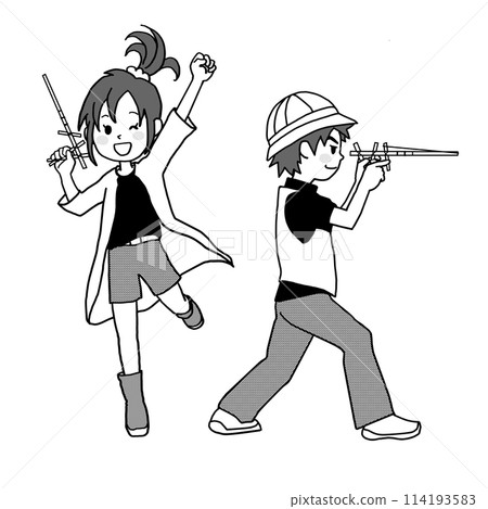 A girl is happy to hit something with a handmade toy chopstick gun and a boy is taking aim. Monochrome illustration A girl is happy to hit something with a handmade toy chopstick gun and a boy is taking aim. Monochrome illustration 114193583