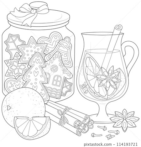 Christmas sweets with mulled wine in glass with citrus and spices isolated on white background. Christmas sweets with mulled wine in glass with citrus and spices isolated on white background. 114193721