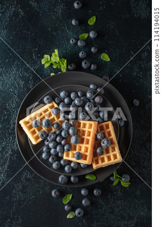 Belgian waffles with blueberries on a black plate. 114194015