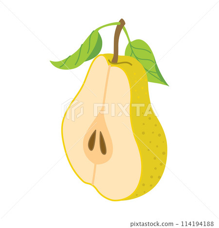 Sliced juicy pear cartoon style. Fresh pear with leaves. 114194188
