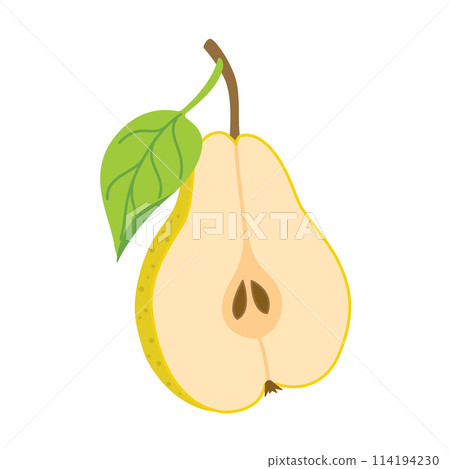 Sliced juicy pear cartoon style. Fresh pear with leaves. 114194230