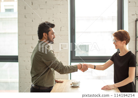Friendly businessman and businesswoman handshaking in modern office 114194254