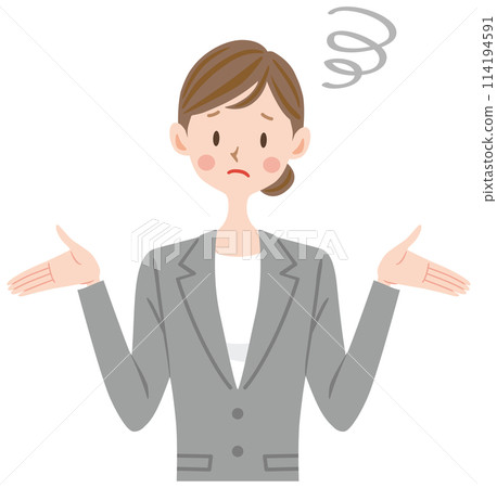 A woman in a gray suit with a troubled expression, giving up 114194591