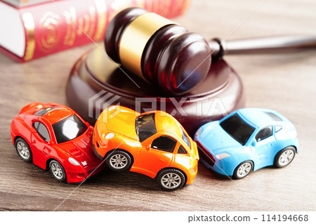 Bangkok, Thailand March 15, 2023 Car accident lawsuit and insurance, Judge hammer with car model. 114194668
