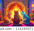 Three cats relaxing in front of a fireplace | Editing Adobe AI-generated images to clear copyright issues 114195071
