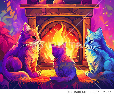 三隻貓在壁爐前放鬆 | 編輯 Adobe AI 生成的圖像，消除版權問題 114195077