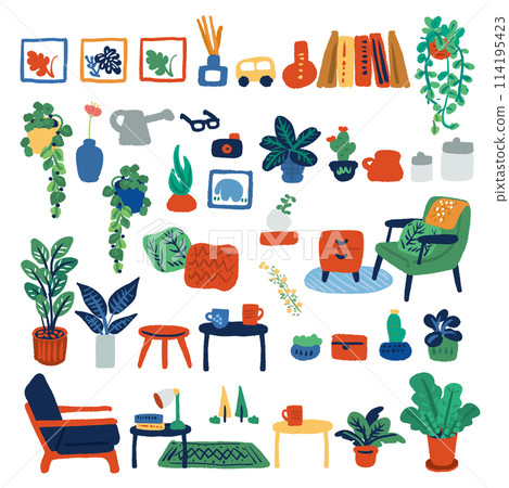 Simple and flat hand drawn illustration of interior and houseplants Simple and flat hand drawn illustration of interior and houseplants 114195423