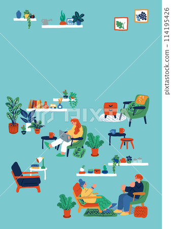 Hand-drawn illustration of people relaxing in the living room Hand-drawn illustration of people relaxing in the living room 114195426