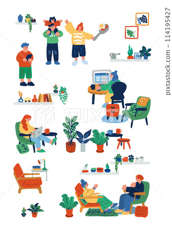 人們在客廳放鬆的手繪插圖 114195427