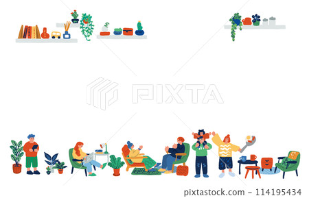 人們在客廳放鬆的手繪插圖 114195434