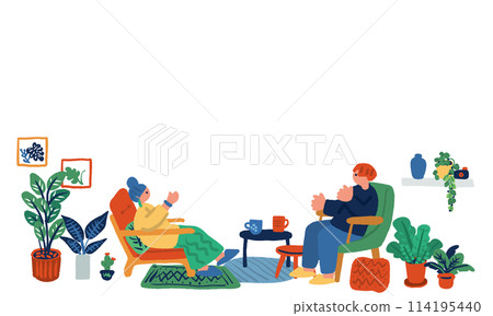 Hand-drawn illustration of a man and woman relaxing in the living room 114195440