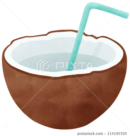 Summer coconut water in coconut shell with blue straw 114195505