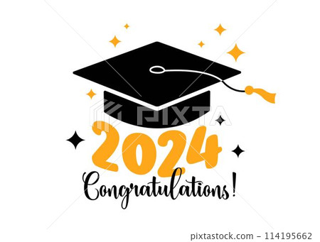 Graduation 2024 greeting card. Congratulations text. Vector flat illustration. Black color square academic cap and golden 2024 numbers on white background. Mortarboard graduate symbol 114195662