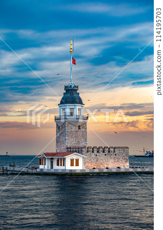 Maiden's Tower and the amazing dramatic sunset. Uskudar, Istanbul. Maiden's Tower and the amazing dramatic sunset. Uskudar, Istanbul. 114195703