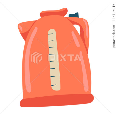 Red electric kettle in flat design. Kitchen teapot for boiling water. Vector illustration isolated. 114196016