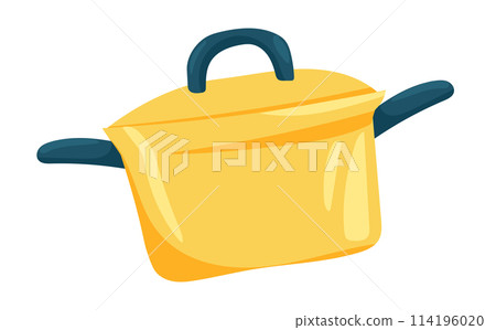 Saucepan with lid in flat design. Yellow pot for boiling and soup cooking. Vector illustration isolated. 114196020