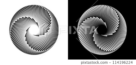 Set of circles with lines. Black spiral on white background and white spiral on black background. Dynamic design element with 3 parts. 114196224