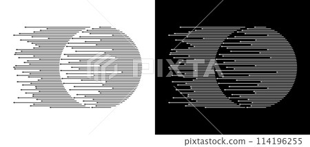 Dynamic parallel arrows in circle. Abstract art geometric background for logo or icon. Black shape on a white background and the same white shape on the black side. 114196255