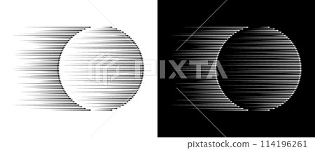 Dynamic parallel arrows in circle. Abstract art geometric background for logo or icon. Black shape on a white background and the same white shape on the black side. Dynamic parallel arrows in circle. Abstract art geometric background for logo or icon. Black shape on a white background and the same white shape on the black side. 114196261