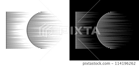 Dynamic parallel arrows in circle. Abstract art geometric background for logo or icon. Black shape on a white background and the same white shape on the black side. 114196262