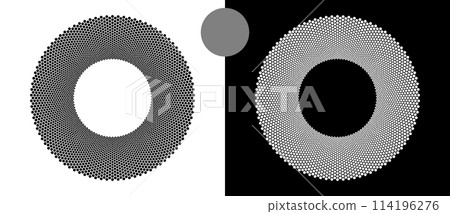 Modern abstract background. Halftone dots in circle form. Round logo. Vector dotted frame. Design element or icon. Black dots on a white background and white dots on the black side. 114196276