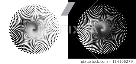 Abstract background with quadrilaterals in circle. Art design spiral as logo or icon. A black figure on a white background and an equally white figure on the black side. Abstract background with quadrilaterals in circle. Art design spiral as logo or icon. A black figure on a white background and an equally white figure on the black side. 114196279