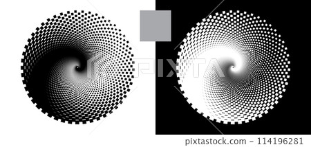 Abstract background with squares in circle. Art design spiral as logo or icon. A black figure on a white background and an equally white figure on the black side. Abstract background with squares in circle. Art design spiral as logo or icon. A black figure on a white background and an equally white figure on the black side. 114196281