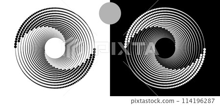 Circle abstract background with dynamic halftone dots in spiral. Black shape on a white background and the same white shape on the black side. 114196287