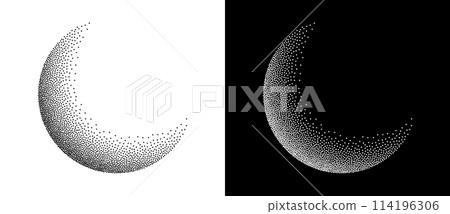Dotted moon illustration with stipple effect. Black shape on a white background and the same white shape on the black side. Dotted moon illustration with stipple effect. Black shape on a white background and the same white shape on the black side. 114196306