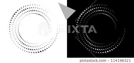 Abstract background with triangles in circle. Art design spiral as logo or icon. A black figure on a white background and an equally white figure on the black side. Abstract background with triangles in circle. Art design spiral as logo or icon. A black figure on a white background and an equally white figure on the black side. 114196321