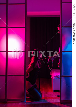 A woman is kneeling in front of a man. BDSM sex concept. Vertical photo. A woman is kneeling in front of a man. BDSM sex concept. Vertical photo. 114196422