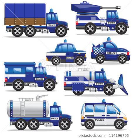 A set of police cars. Side view. Isolated on white background. Vector illustration. A set of police cars. Side view. Isolated on white background. Vector illustration. 114196795
