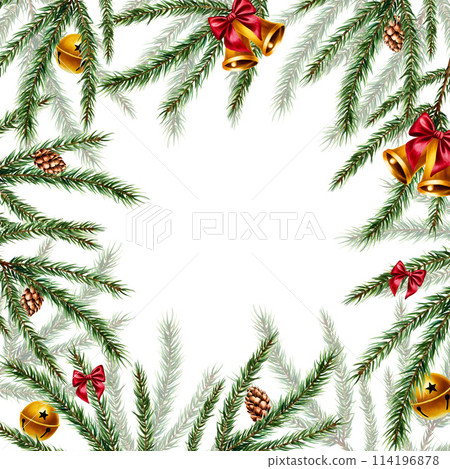 Frame with christmas golden bells, red satin bow, spruce and pine branches, cedar, fir cones illustration. New year watercolor symbol isolated on background. For designers, decoration, shop, for 114196878