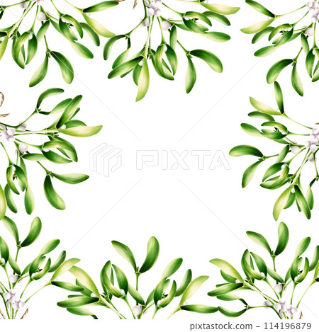 Frame with green christmas mistletoe and twine bow. New year botanical watercolor postcard. Kissing symbol illustration isolated on background. For designers, decoration, shop, wrapping paper, covers, 114196879