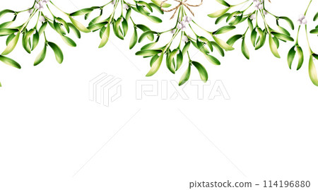 Seamless frame with green christmas mistletoe and twine bow. New year botanical watercolor postcard. Kissing symbol illustration isolated on background. For designers, decoration, shop, wrapping 114196880