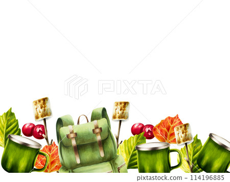 Watercolor frame, banner, template with red berries and roasted marshmallow, metal green cup, autumn leaves and green hiking backpack illlustrations. Mountin equipment for recreation tourism and Watercolor frame, banner, template with red berries and roasted marshmallow, metal green cup, autumn leaves and green hiking backpack illlustrations. Mountin equipment for recreation tourism and 114196885
