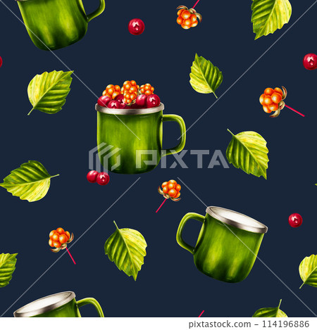 Watercolor seamless pattern with illlustration of cloudberry, lingonberry, cranberry and cowberry in metal green cup. Juicy summer composition isolated on white background. Clip art for designers, Watercolor seamless pattern with illlustration of cloudberry, lingonberry, cranberry and cowberry in metal green cup. Juicy summer composition isolated on white background. Clip art for designers, 114196886