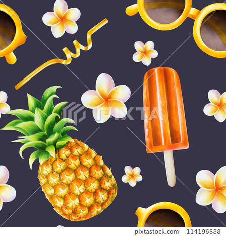 Watercolor tropical seamless pattern with illustrations with fruit ice cream, straw for cocktail, pineapple, sunglasses, frangipani isolated on background. Beautiful hand painted refreshing dessert. Watercolor tropical seamless pattern with illustrations with fruit ice cream, straw for cocktail, pineapple, sunglasses, frangipani isolated on background. Beautiful hand painted refreshing dessert. 114196888