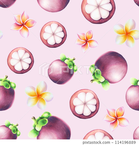 Purple mangosteen and plumeria flowers seamless pattern. Tropical watercolor fruit, flower illustration isolated on background. For designers, spa decoration, postcards, wedding, greetings, Purple mangosteen and plumeria flowers seamless pattern. Tropical watercolor fruit, flower illustration isolated on background. For designers, spa decoration, postcards, wedding, greetings, 114196889