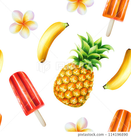 Fruit ice cream, pineapple, banana, frangipani seamless pattern. Watercolor tropical illustration popsicle on a stick isolated on background. Beautiful hand painted refreshing dessert. For designers, Fruit ice cream, pineapple, banana, frangipani seamless pattern. Watercolor tropical illustration popsicle on a stick isolated on background. Beautiful hand painted refreshing dessert. For designers, 114196890