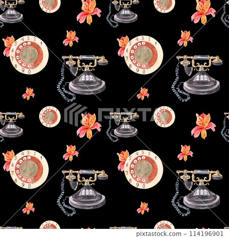 Watercolor drawing with vintage telephones and vintage watercolor alstroemeria flowers. Retro pattern drawn by hand Watercolor drawing with vintage telephones and vintage watercolor alstroemeria flowers. Retro pattern drawn by hand 114196901