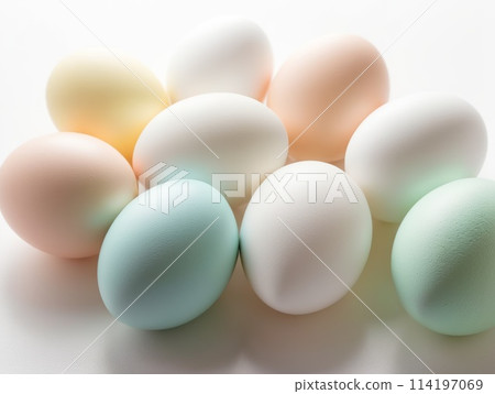 Lightly colored Easter eggs on a light background. Easter concept, Christian holiday, spring 114197069