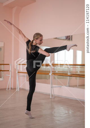 Caucasian woman lifts her leg into a split in a dance hall with a ballet barre. Vertical photo. Caucasian woman lifts her leg into a split in a dance hall with a ballet barre. Vertical photo. 114197120