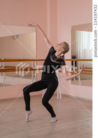Caucasian blonde woman is practicing ballet in class. Vertical photo. 114197432