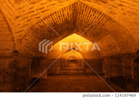Perspective view of the piers of the Khaju Bridge in Isfahan, Iran. Perspective view of the piers of the Khaju Bridge in Isfahan, Iran. 114197469